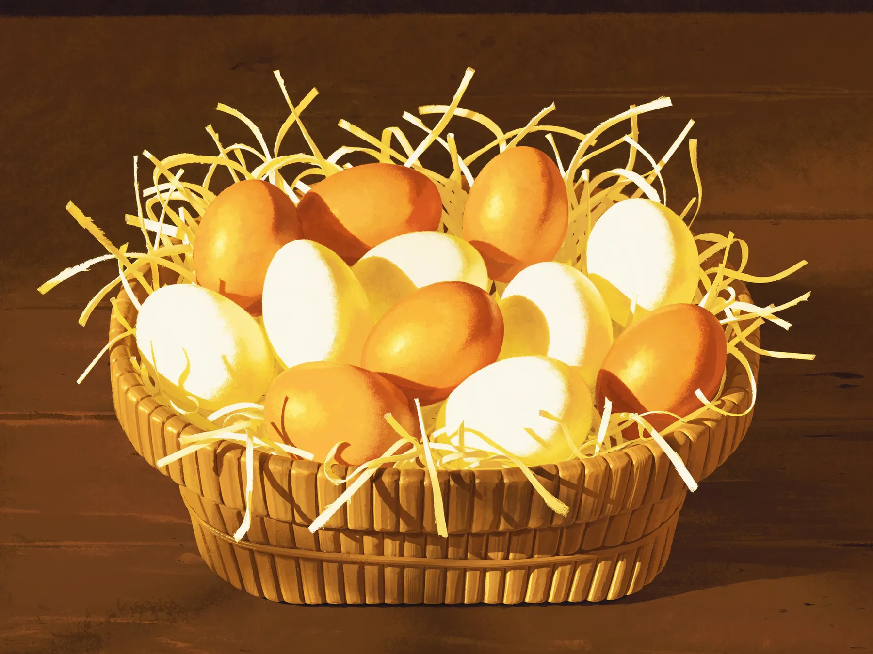 A basket of fresh farm eggs at golden hour